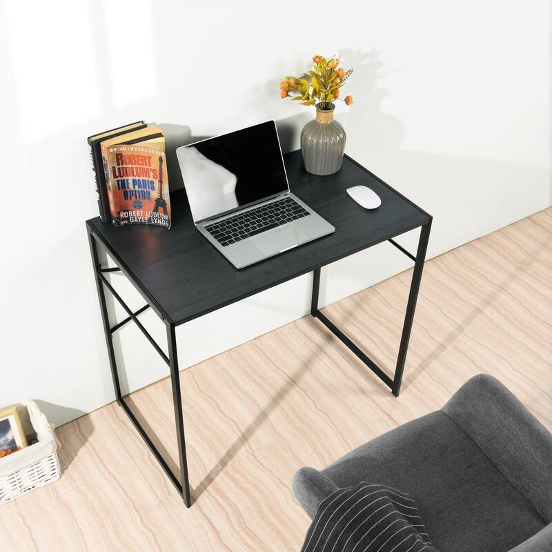 Homylin 39.4" Small Modern Computer Desk with Metal Frame, Black