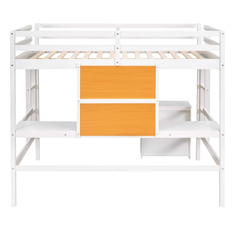 Full size Loft Bed with Desk and Writing Board, Wooden Loft Bed with Desk & 2 Drawers Cabinet- Espresso