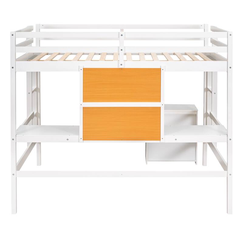 Twin/Full Size Wooden Loft Bed with Built-in Desk, Writing Board, and 2 Drawers, Space-Saving Loft Bed for Kids