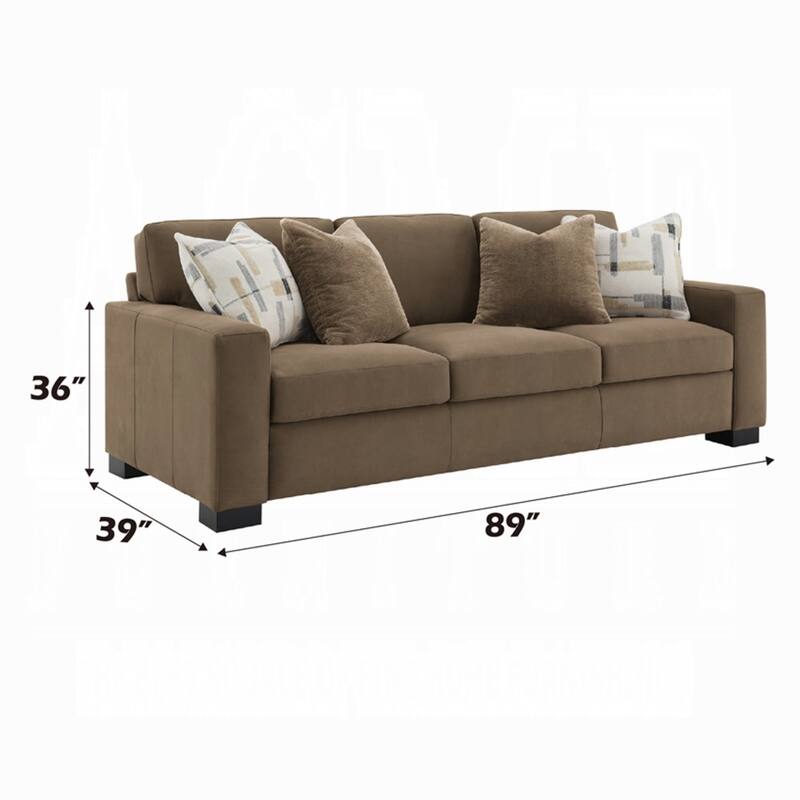 Lenu Modern Sofa w 4 Accent Pillows, Soft Brown Suede Fabric, 89 Inch