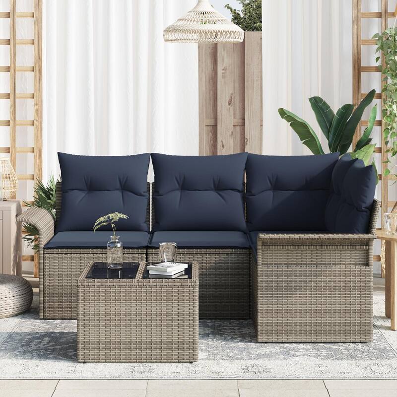 vidaXL 4/5-Seater Garden Sofa with Cushions Black/Brown/Grey Poly Rattan - 52.2 x 73.8 x 27.2