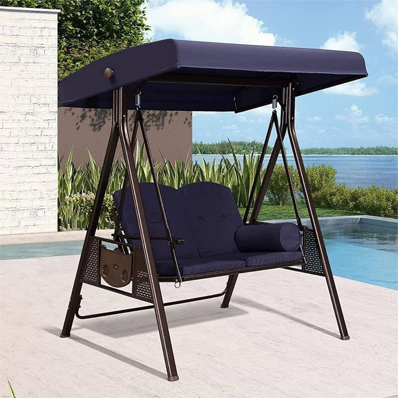 PURPLE LEAF Outdoor Patio Porch Swing with Stand, 2-seat Swing Chair with Adjustable Tilt Canopy All-Weather Steel Frame - Brown Frame - Navy Blue