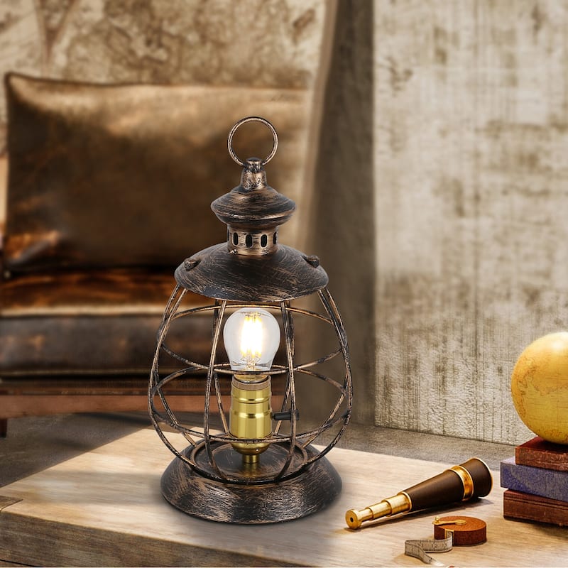 Antique Industrial Modern Electric Lantern Table Lamp for Bedroom Bedside, Metal Cage Shade Reading Desk Lamp for Living Room - Gold