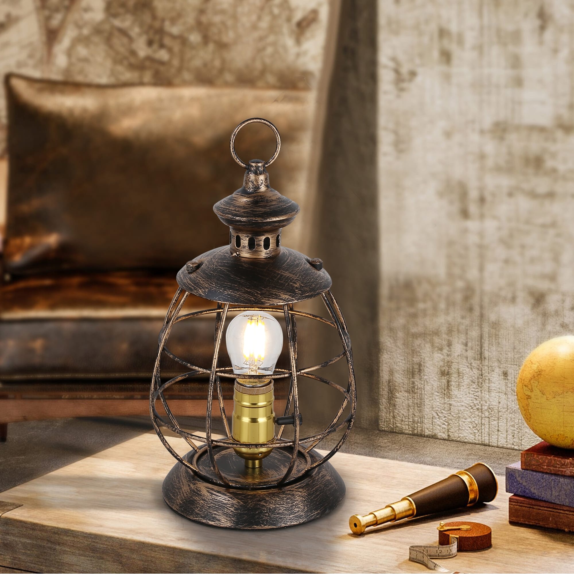 Antique Industrial Modern Electric Lantern Table Lamp for Bedroom Bedside Metal Cage Shade Reading Desk Lamp for Living Room