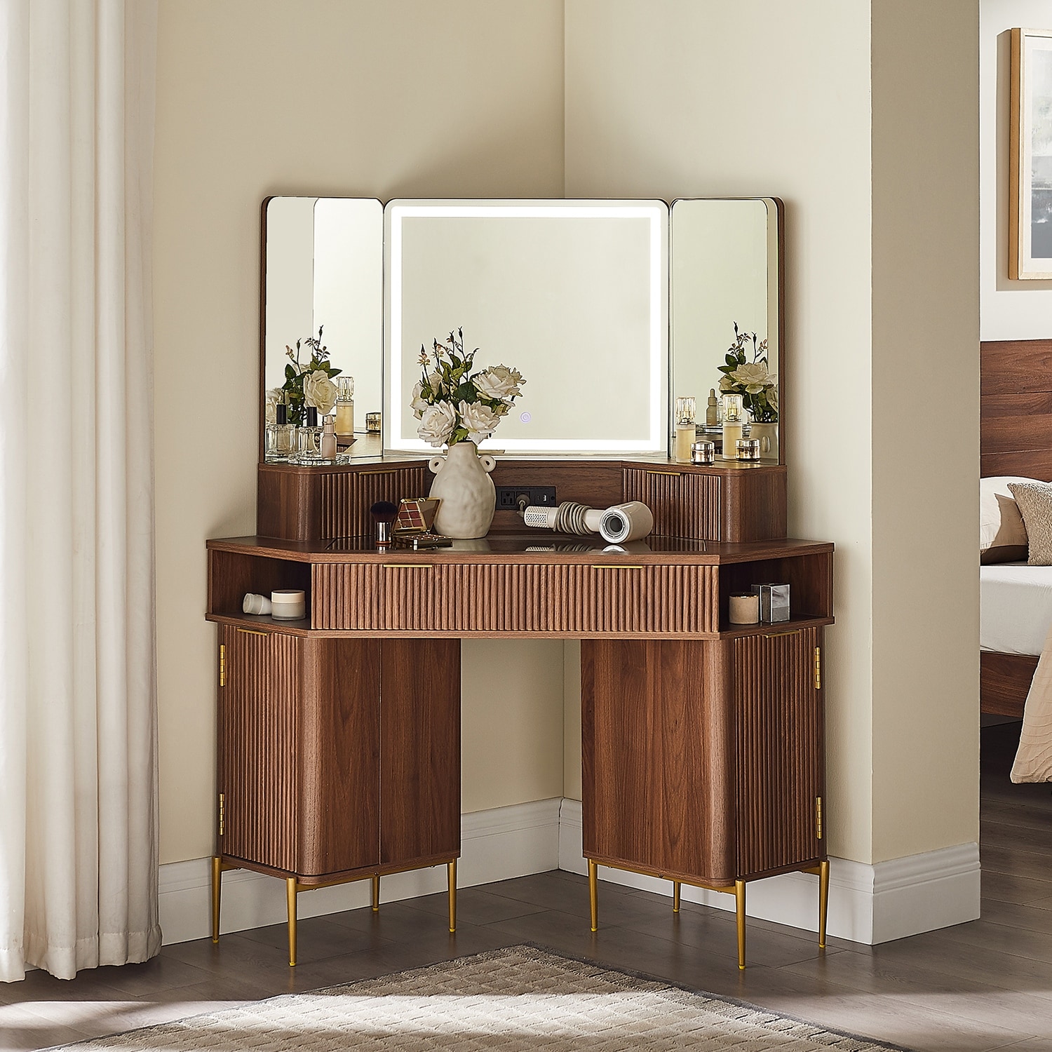 Modern Fluted Makeup Vanity Desk with 3 Way Mirror&Light, Vanity Table