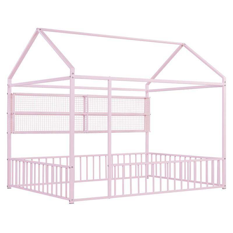 Full Size Metal House Bed Frame with Built-In Grid Shelves, Playful Canopy Design and Space-Saving Storage