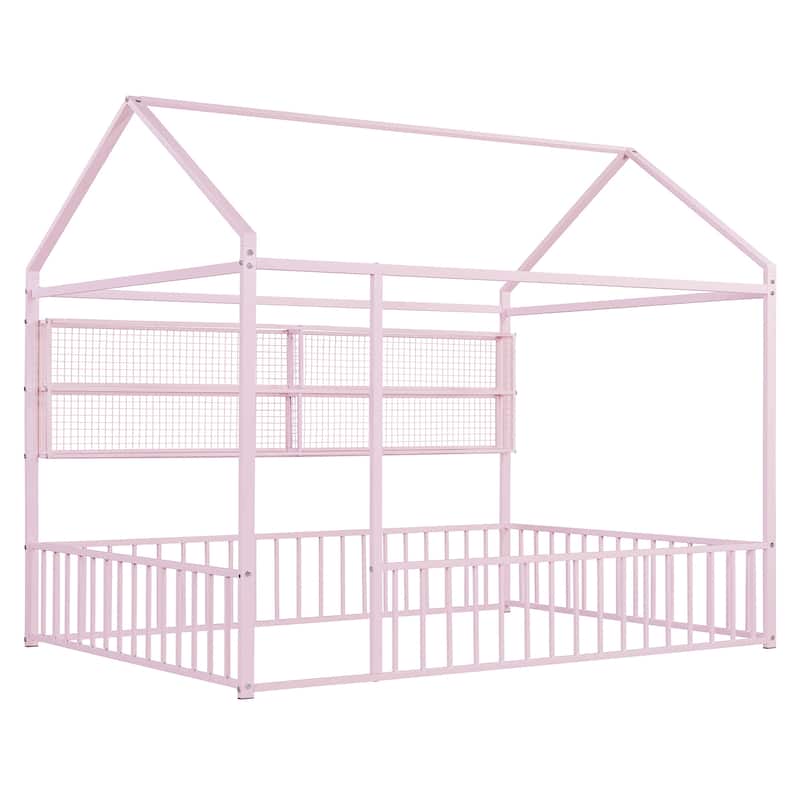 Metal Floor House Bed Frame with Fence and Shelves
