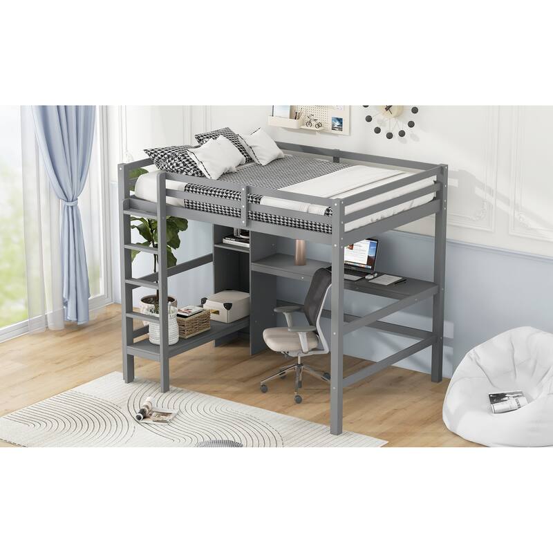 Full Size Loft Bed with Built in Desk, Multifunction Shelves, and Sturdy Frame