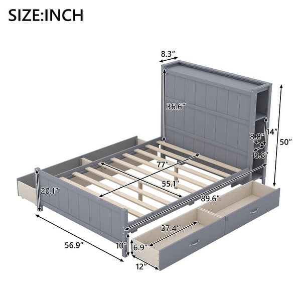 dimension image slide 1 of 2, Full Size Platform Bed with Drawers and Storage Shelves