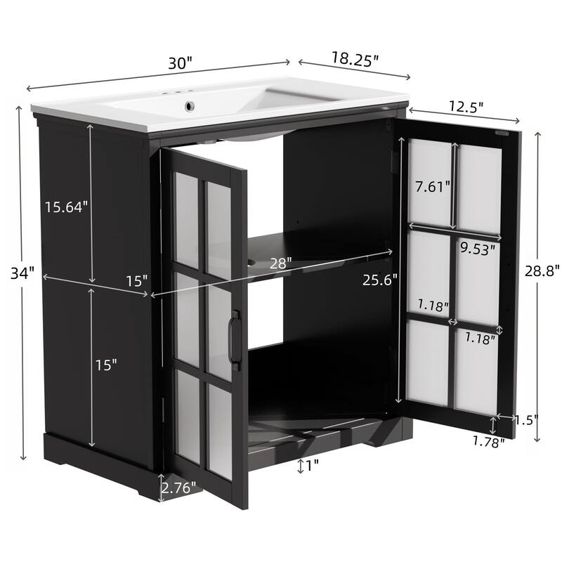 30" Bathroom Vanity with Ceramic Sink, Tempered Blurred Glass Doors,Adjustable Shelf, Freestanding Cabinet (Faucet Not Included)