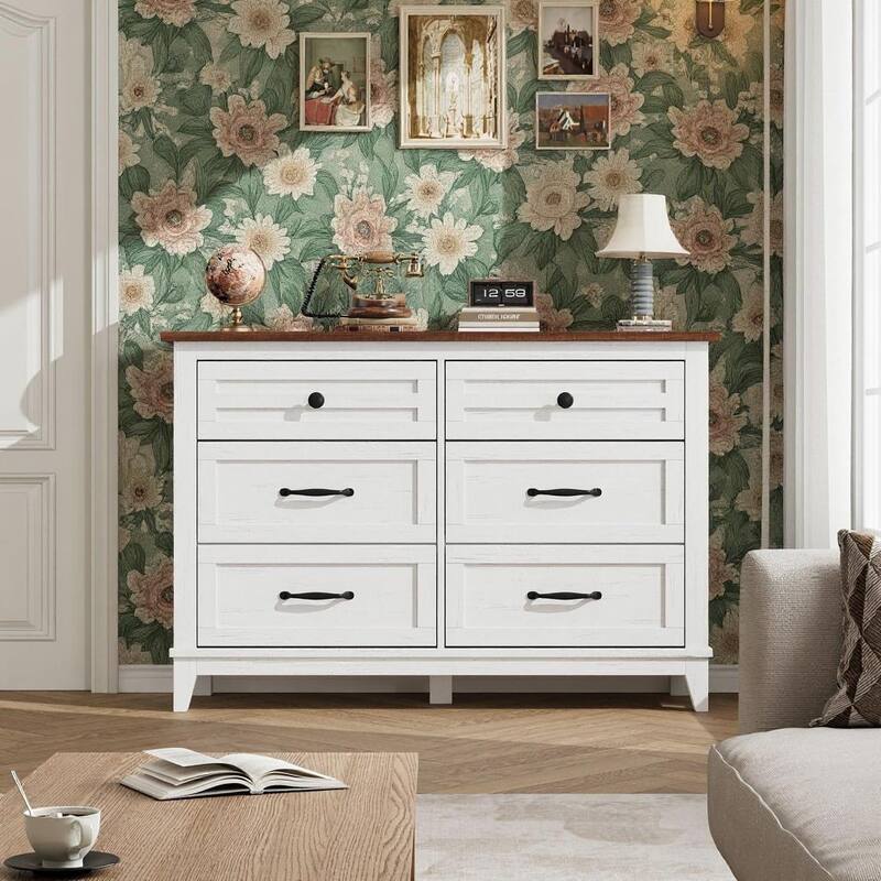 47" Wide Drawer Dresser, with Storage Freestanding - White+Brown