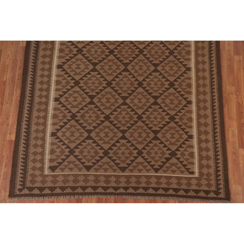 Hand Woven Oriental 100% Wool Carpet Southwestern Geometric Brown Kilim Area Rug - 9' 8'' X 6' 7''