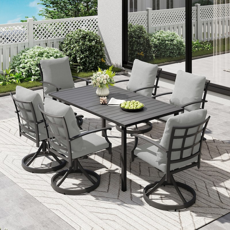 IvyGlow 7-Piece Black Metal Patio Dining Set with Rectangular Table, 6 Swivel Dining Chairs and Gray Cushions