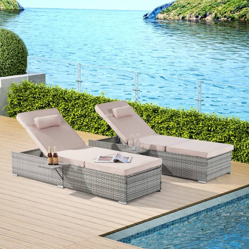 2 Piece Outdoor PE Rattan Long Reclining Chaise, Adjustable Recliner