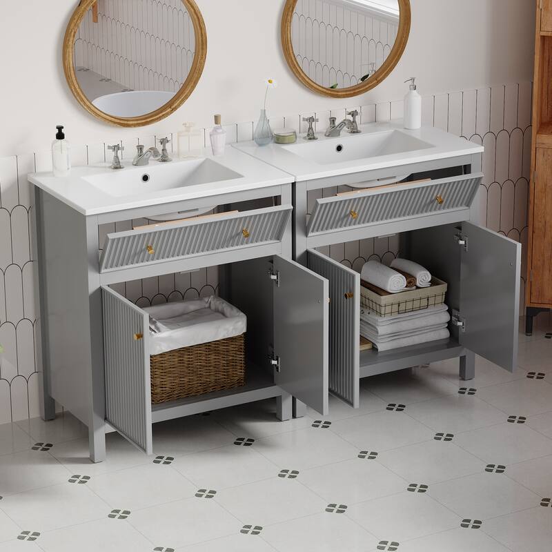 60'' Bathroom Vanity With Ceramic Sink, Free Standing Single Vanity Set With Soft Closing Doors