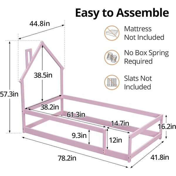 dimension image slide 4 of 6, Twin Size House-Shaped Headboard Floor Bed with Fences
