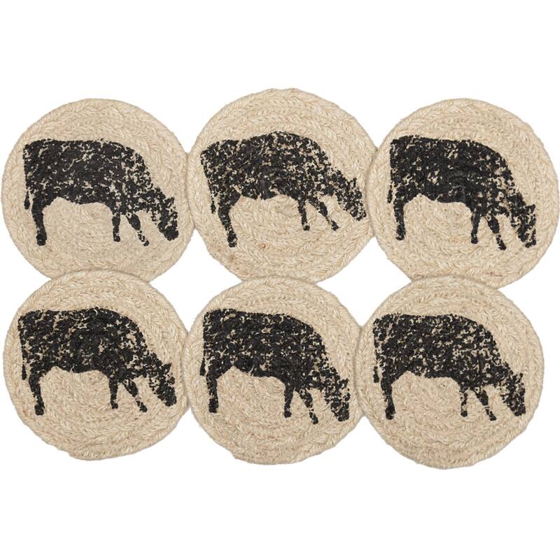 Sawyer Mill Charcoal Cow Jute Coaster Set of 6 - Coaster Set