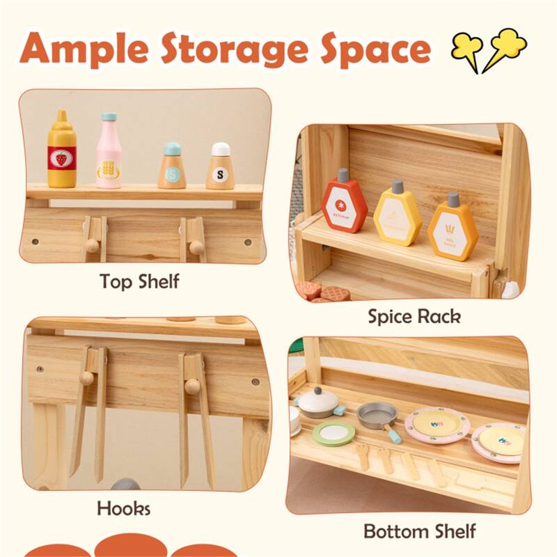 Kids Wooden BBQ Grill Playset with Sink Storage and Utensils Natural Outdoor Pretend Cooking Toy for Ages 3 and Up