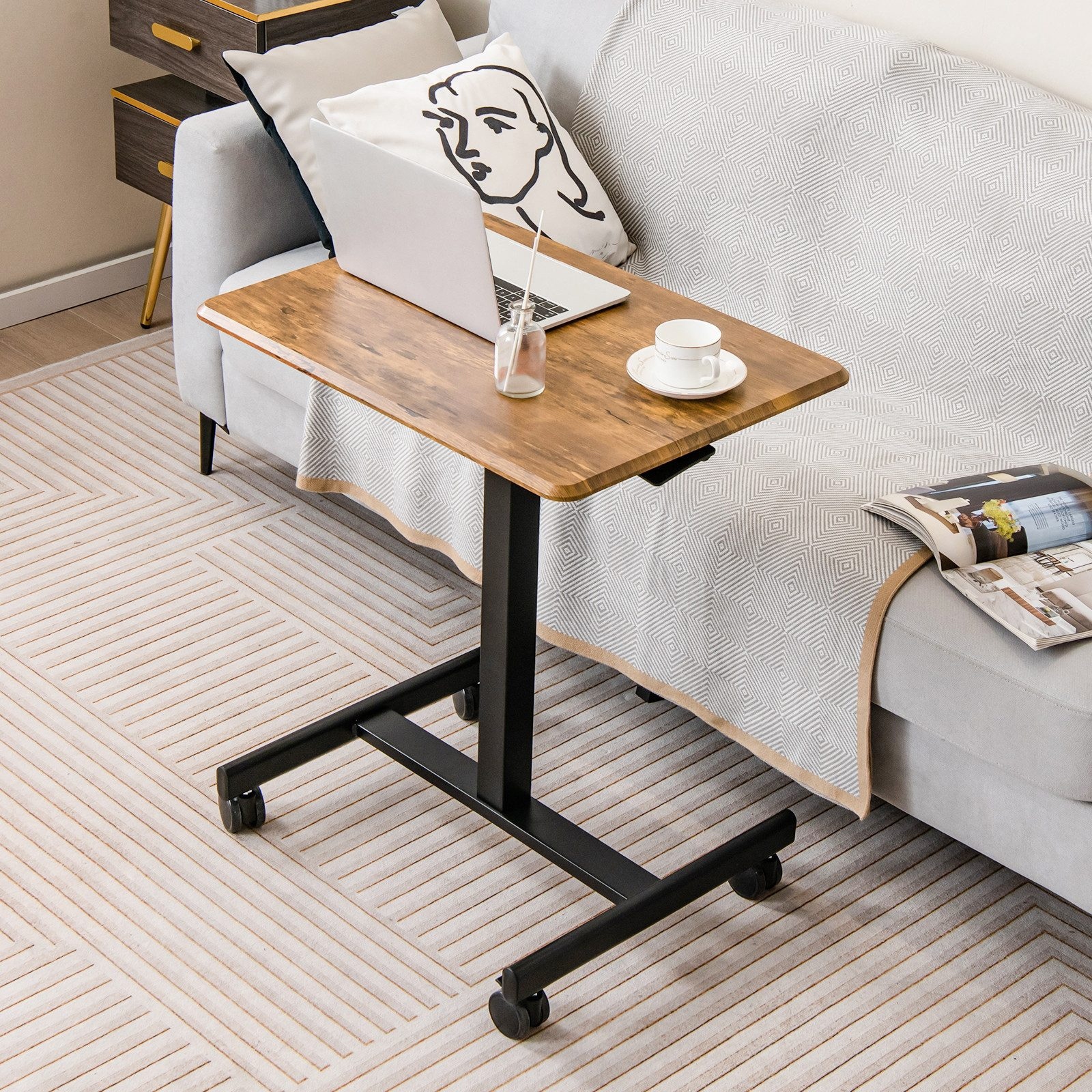 Small Standing Desk Mobile Portable Rolling Laptop PC Table on Wheels Adjustable Height Computer Workstation for Home Office