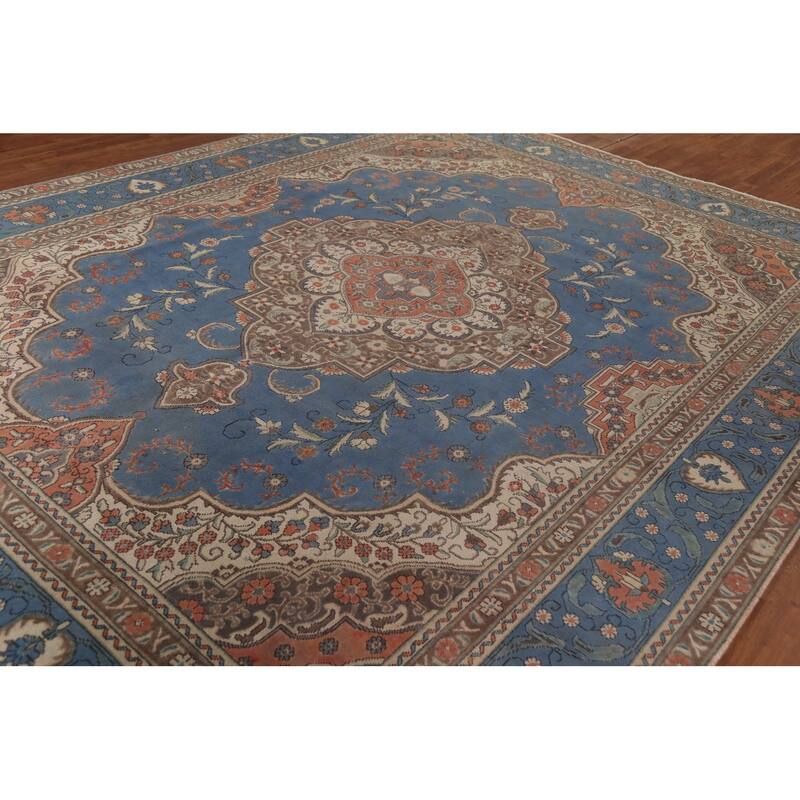 Blue Tabriz Persian Vintage Area Rug Handmade Wool Carpet - 9'10"x 13'0"