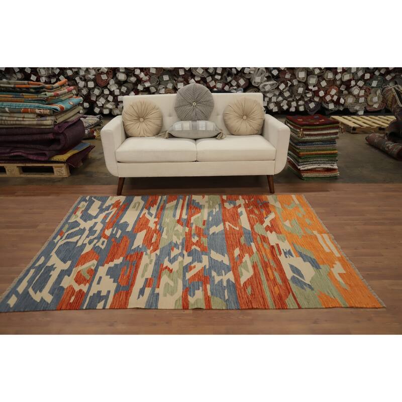 Hand Woven Oriental 100% Wool Carpet Southwestern Modern Multi-Colored Kilim Area Rug - 6' 6'' X 4' 10''