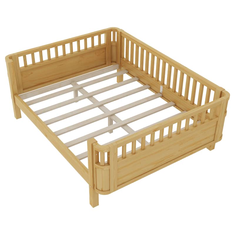 Full Size Wood Platform Bed for Kids, Wood Low Profile Full Bed with Rails for Girls and Boys, White