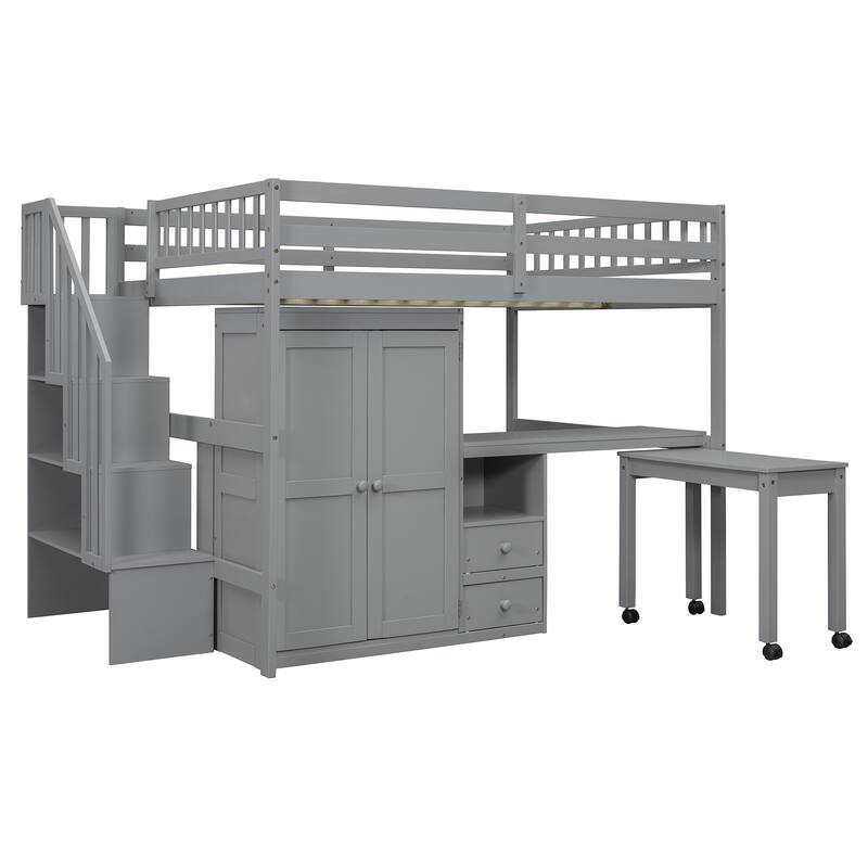 Full Size Loft Bed with Stairs, Bookshelf, Drawers, Desk & Wardrobe - Space-Saving Multifunctional Furniture for Kids & Teens