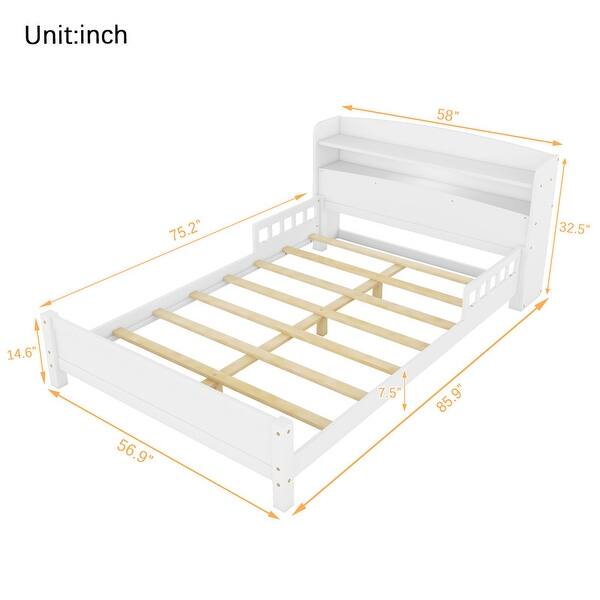 Full Pine Wood Platform Bed with Bookcase Headboard ,LED Motion Sensor Light, Guardrails