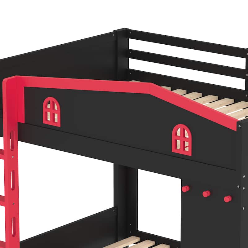 Queen over Queen Bunk Bed with Trundle, Shelves and Hooks