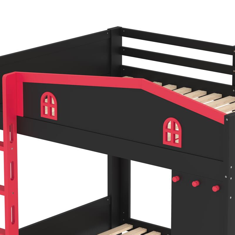 Queen over Queen Bunk Bed with Trundle and Storage Shelves, Solid Wood Bunk Beds with hooks, No Box Spring Needed