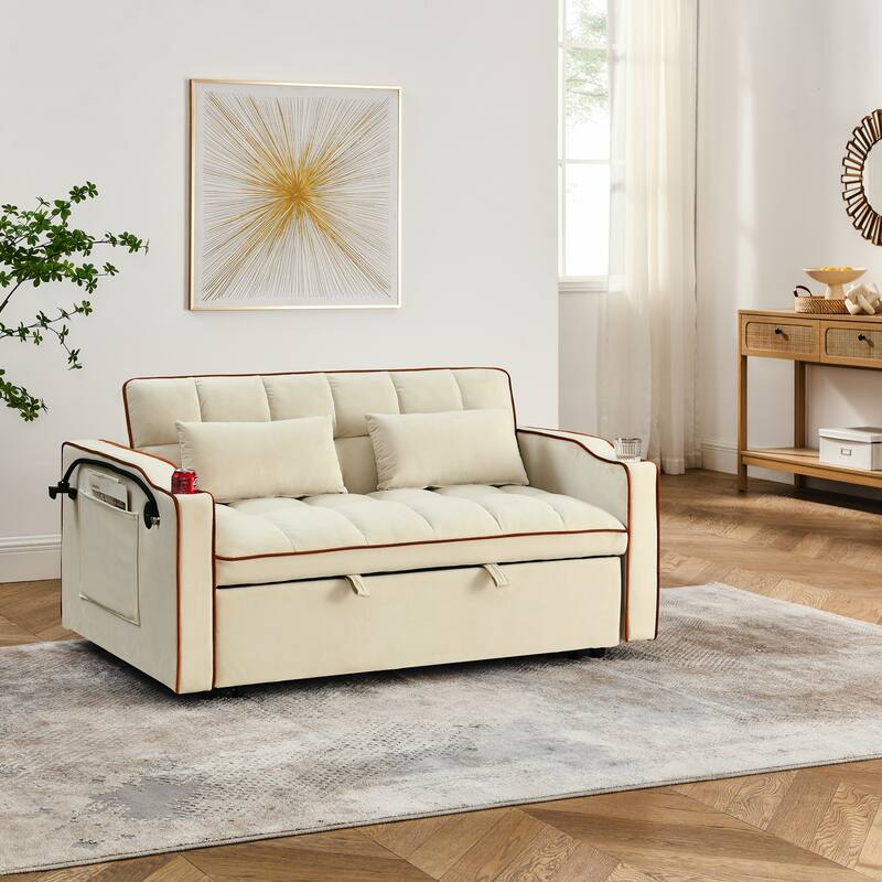 55.51 inch versatile foldable sofa bed, adjustable back, USB port, swivel phone stand (Beige)