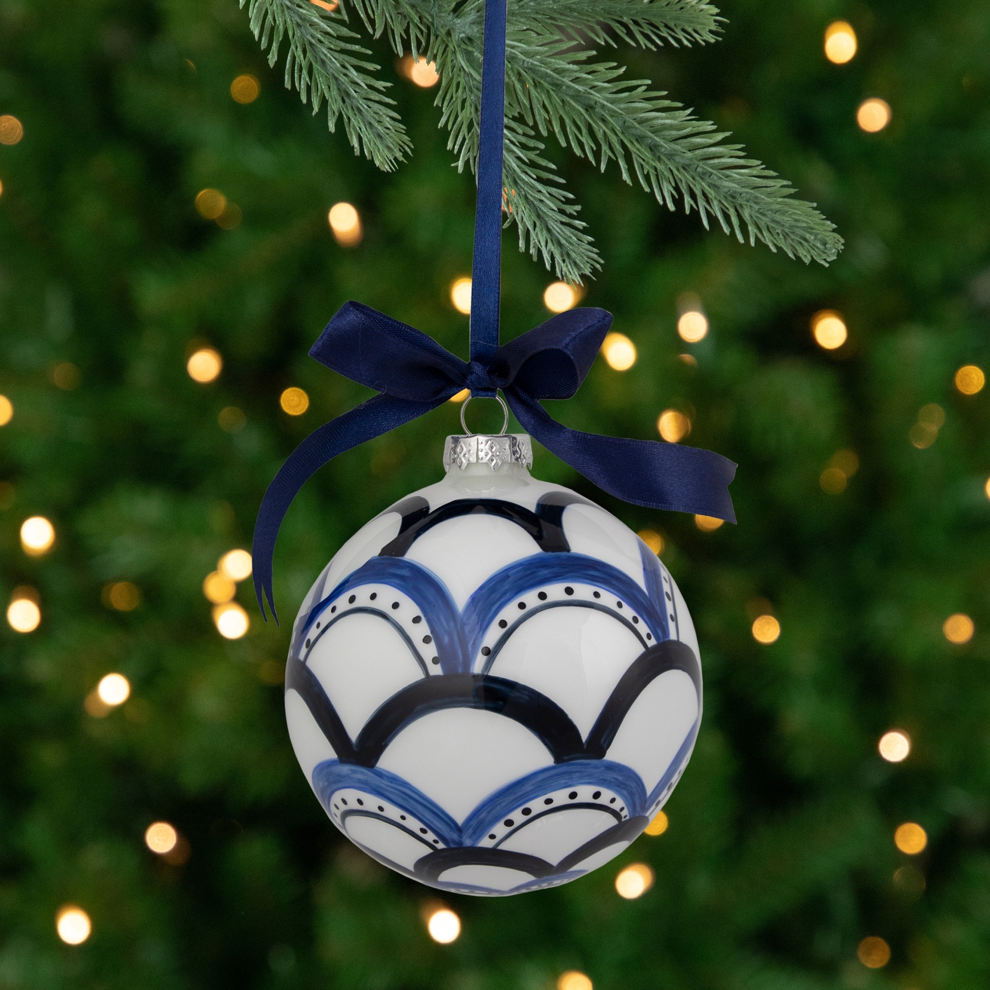 4" White and Blue Scallop Glass Christmas Ball Ornament