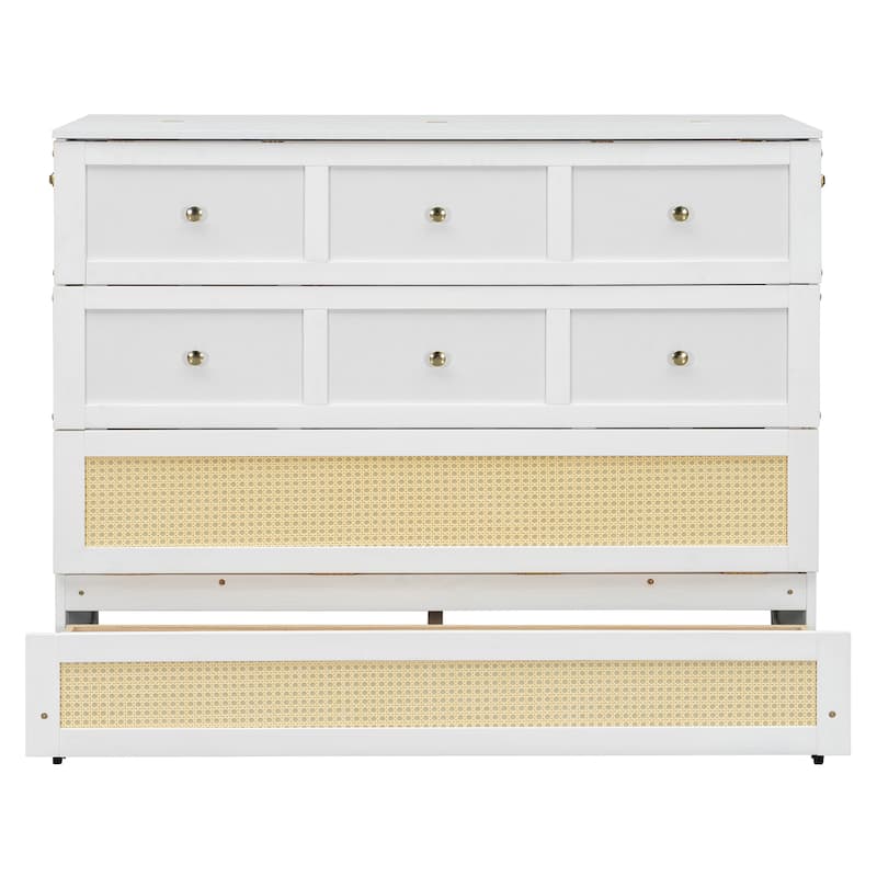 Convertible Full Size Murphy Bed Cabinet with Rattan Accents and Storage Drawer by Harper&Bright Designs