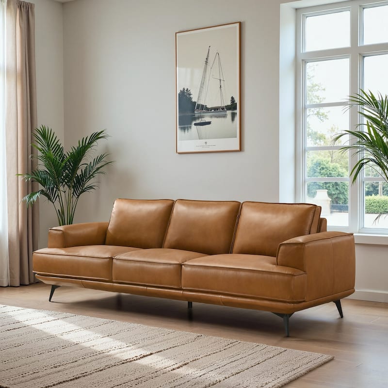 Addison Top Genuine Leather Mid-Century Modern Sofa - Cognac PU Leather