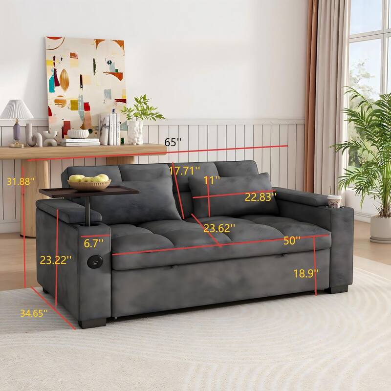 Rossetta Modern Style Chenille Fabric Folding Convertible Pullout Sofa Bed with 3 in 1 Functional Armrest