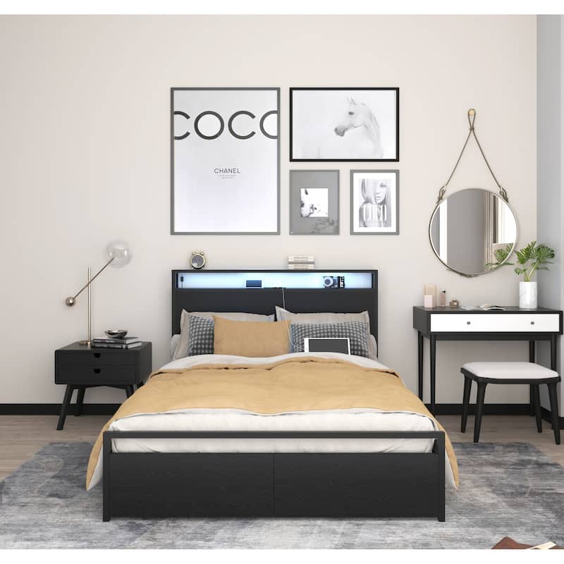 Heavy Duty Metal Bed Frame, Full Size Practical Storage Bed with 2 Drawers, Smart LED Platform Bed Frame with Charging Station
