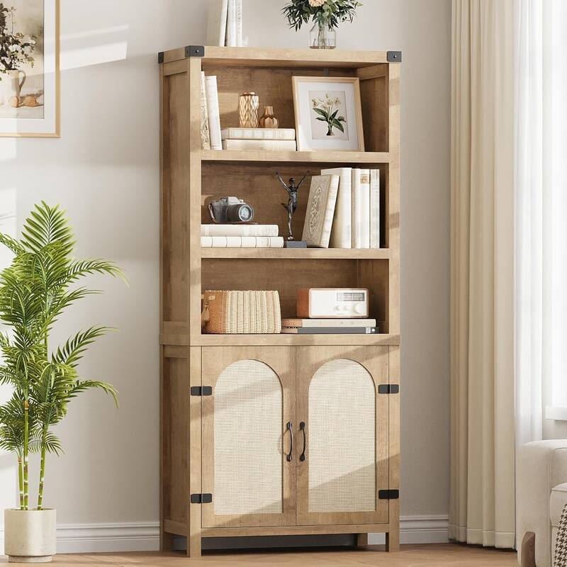 Tall Bookshelf with Storage, Bookshelves and Bookcases with Doors - Wood color