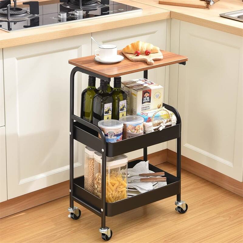 Utility Cart with Wooden Table Top 3 Tier Metal Rolling Storage Cart - 16"D x 8"W x 28"H - Black