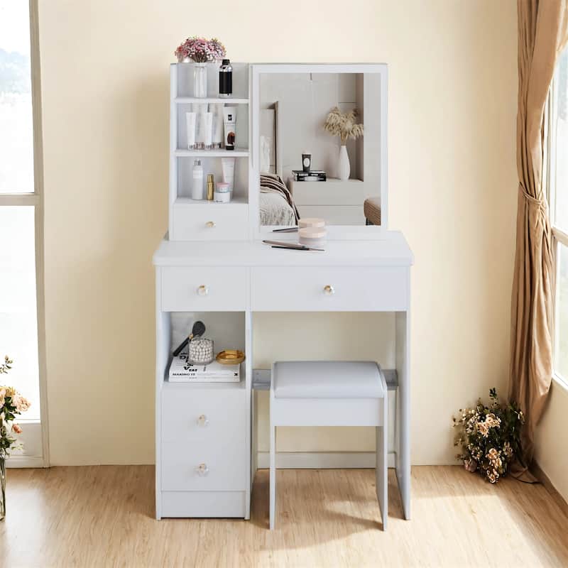 29.2" Compact Left-Drawer Vanity Set with Cushioned Stool and Sliding Mirror