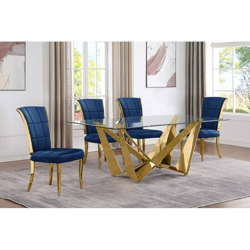 Best Quality Furniture D400/1-SC320-7 Dining Set with 78" 12mm Glass with Bevel - 5-Piece - Navy Blue / Gold