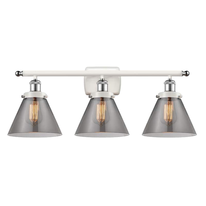 Innovations Lighting 916-3W-13-28 Cone Vanity Cone 3 Light 28" Wide - White and Polished Chrome / Plated Smoke