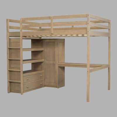 Full Size Loft Bed with Wardrobe, Desk & Storage Shelves - Wood, Modern Design for Kids or Teens