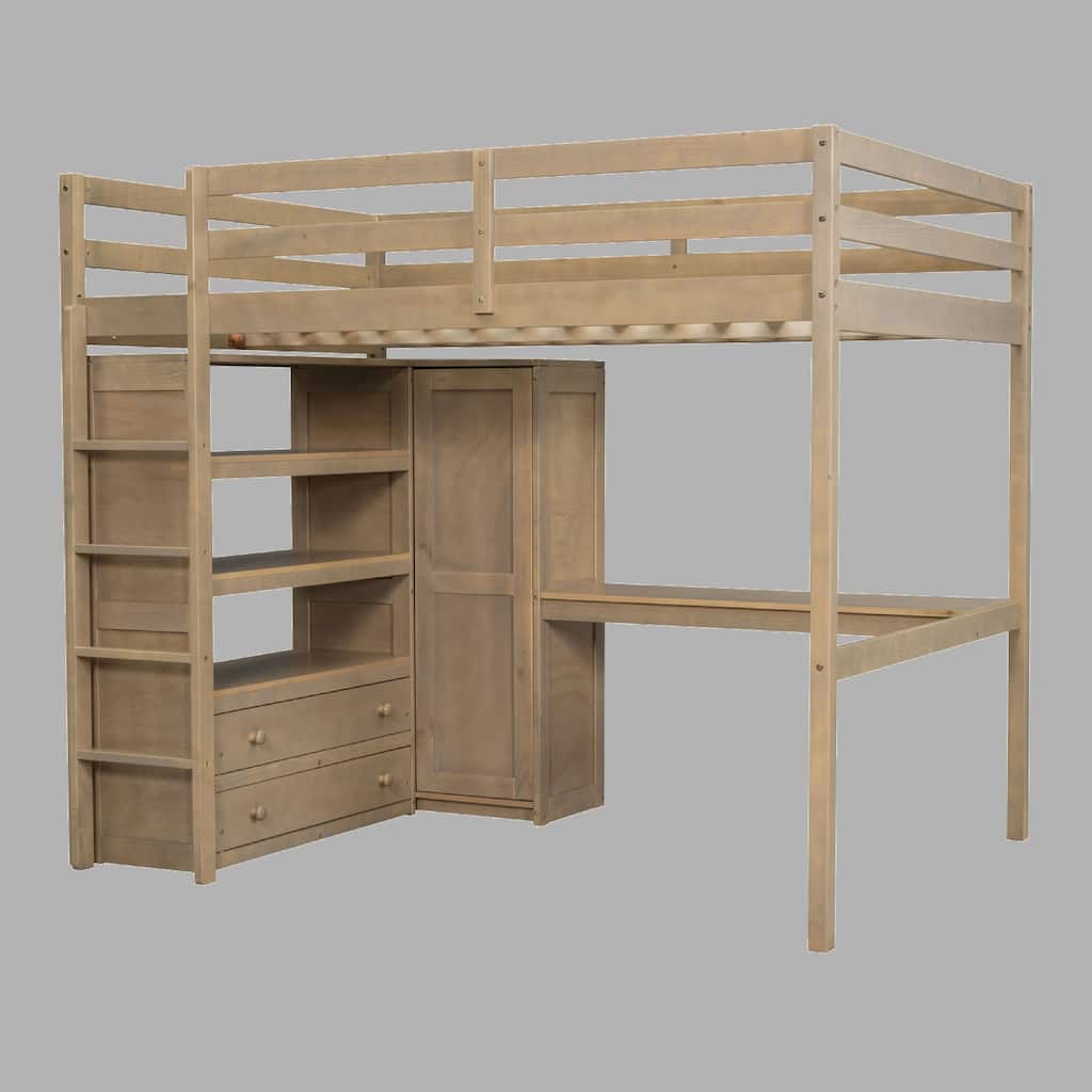 Full Size Loft Bed with Wardrobe, Desk & Storage Shelves - Wood, Modern Design for Kids or Teens