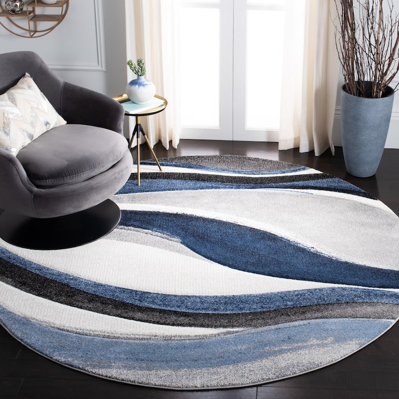 SAFAVIEH Hollywood Deep Mid-Century Modern Abstract Rug - 6'7" Round - Grey/Blue - Round