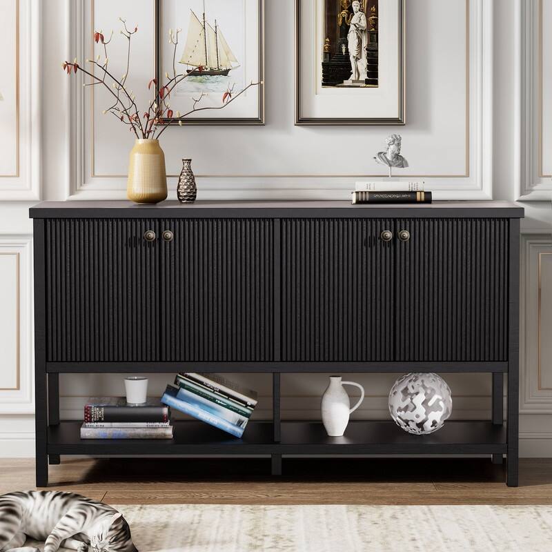59" Sideboard Buffet Cabinet – Fluted 4-Door Storage, Farmhouse Accent Sideboard Large Console Table for Kitchen or Hallway - Black