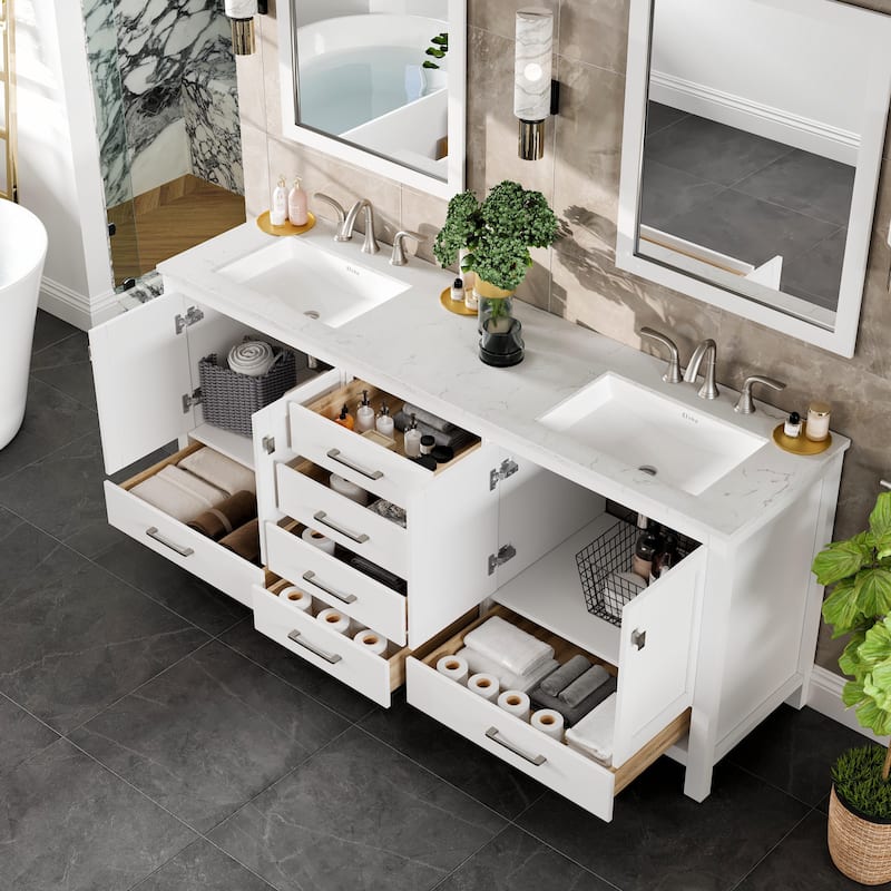 Eviva Aberdeen 78"W DS Bath Vanity with Carrara Quartz Top