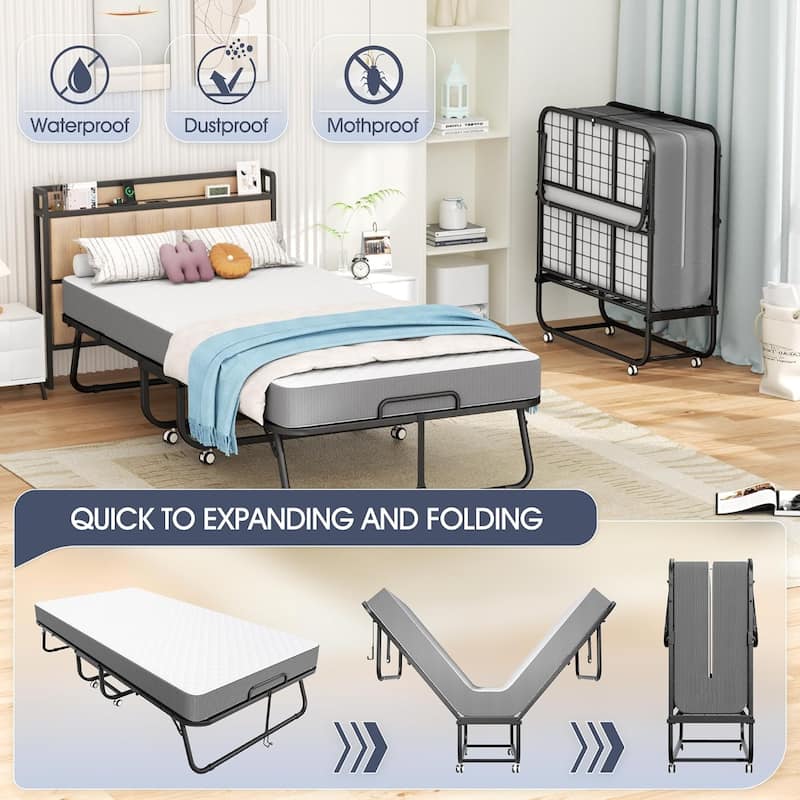 Folding Bed with Mattress, Portable Foldable Rolling Guest bed for adults with 5-inch Memory Foam Mattress and Dustproof Bag