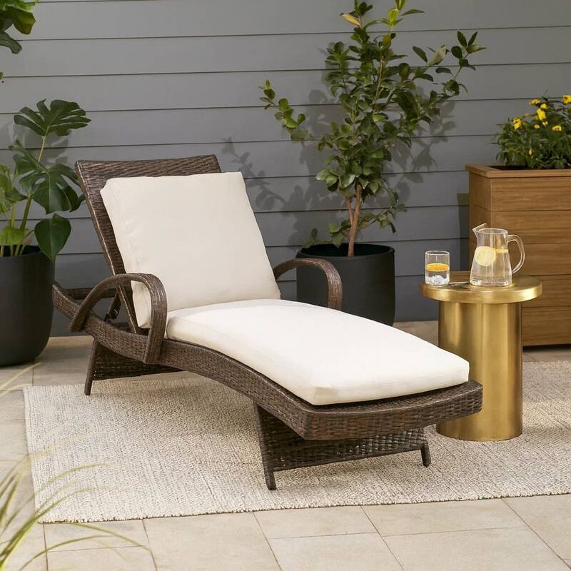 Reclining Chaise Lounge with Wicker Frame, Set of 2, Brown