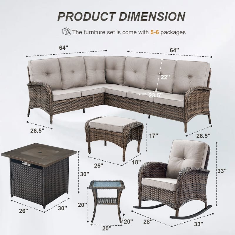 Gymojoy L-Shaped Outdoor Sectional Sofa Set with Fire Pit, Rocking Chairs & Ottomans
