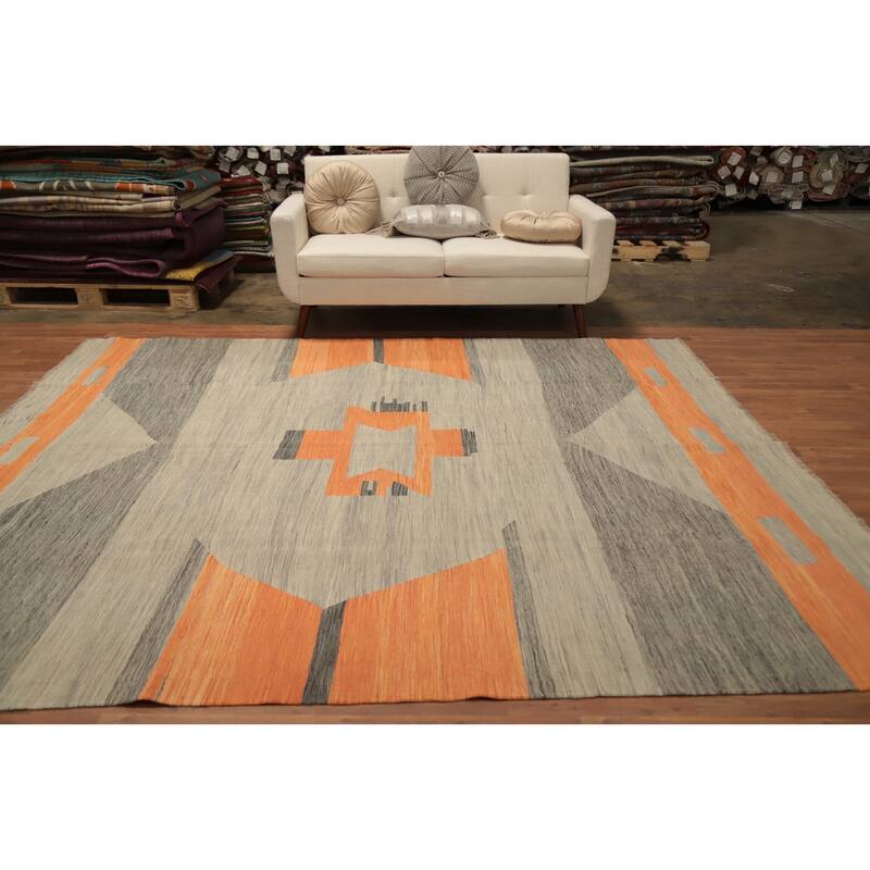 Hand Woven Oriental 100% Wool Carpet Southwestern Modern Greys & Charcoal Kilim Area Rug - 9' 7'' X 8' 4''